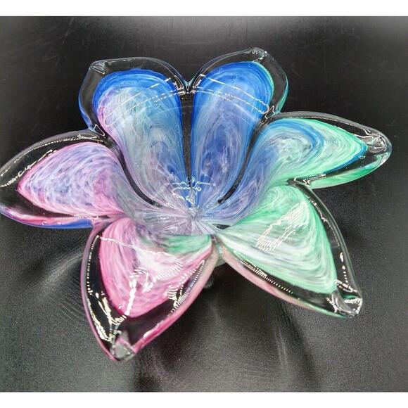 Art Glass Star Flower Votive Dish, Pastel Swirl Colors, Clear Rim – Murano Style - Picture 4 of 10